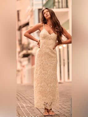 Altard State Elegant Cream Lace embroidered maxi Dress with adjustable Straps